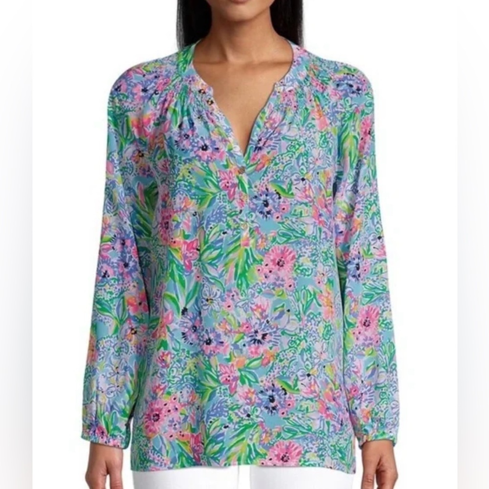 Lilly Pulitzer Blouse “Elsa” long sleeves button v neck size M floral print